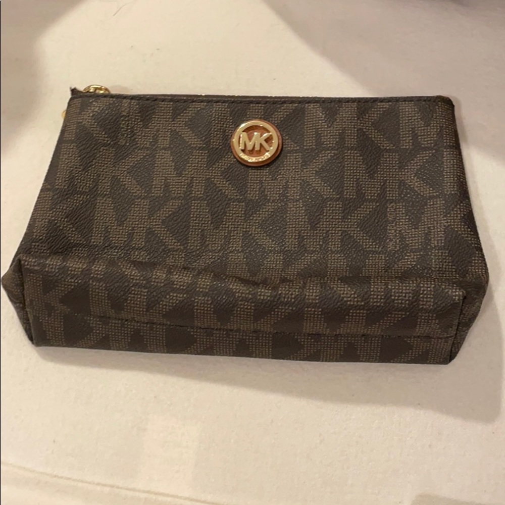 Michael Kors Brown MK Logo Cosmetic Pouch with Gold Hardware